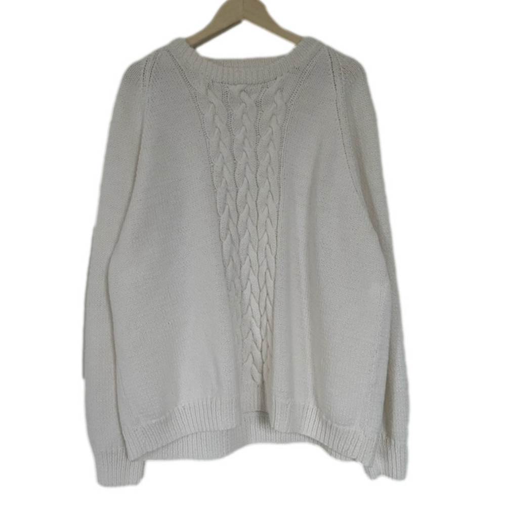 Knit White Cable Knit Crew Neck Sweater Oversized Hand Knit Cottagecore Grandma